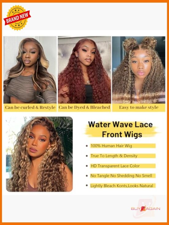Human Hair Lace Front Wig 180% Density Highlight Water Wave Curly main image 4
